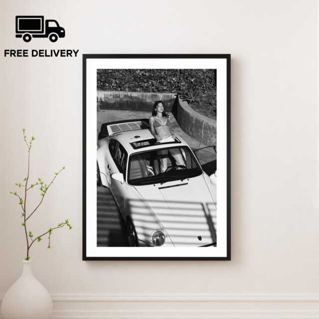 Vintage Classic Sports Car Girl Print, Luxury Woman, Fine Art Photography Wall Art, Museum Quality Black & White Poster - image 1