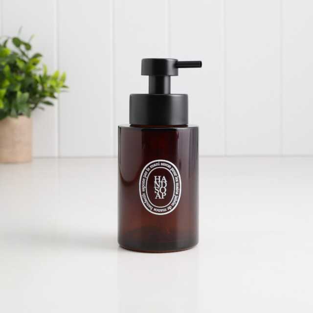 250Ml Amber Glass Soap Dispenser With White Oval Label - Eco Refillable Pump Bottle Sustainable Bathroom Reusable Design - image 1