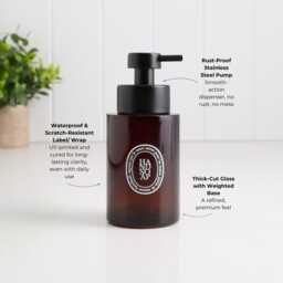 250Ml Amber Glass Soap Dispenser With White Oval Label - Eco Refillable Pump Bottle Sustainable Bathroom Reusable Design - thumbnail 3