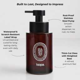 250Ml Amber Glass Soap Dispenser With White Oval Label - Eco Refillable Pump Bottle Sustainable Bathroom Reusable Design - thumbnail 2