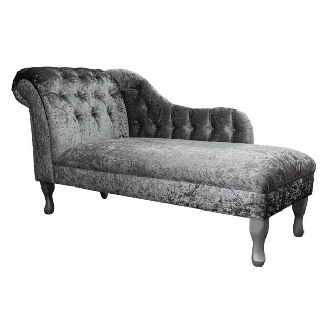 Handmade Steel Crushed Velvet Large Chesterfield Chaise Longue Grey Buttoned Indoor Lounger, British Made - image 1