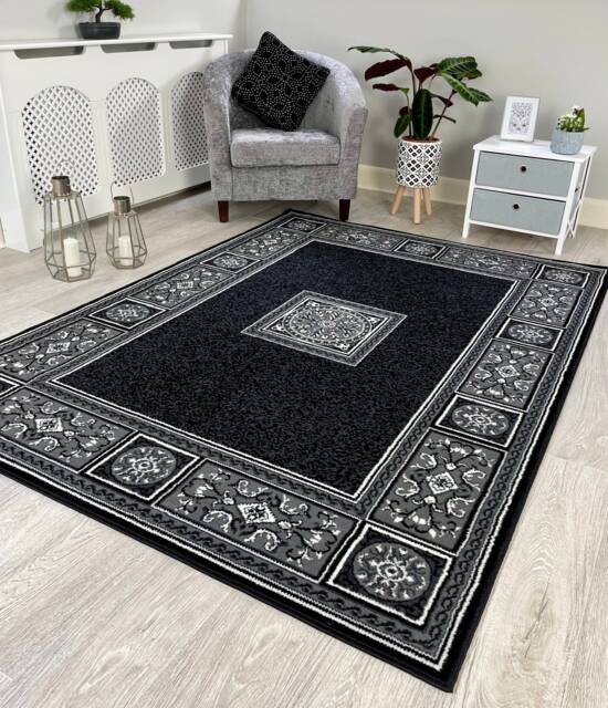 New Modern Dark Grey Border Rugs Mats Large Small Hallway Runners Area Carpet - image 1