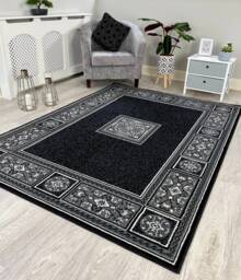 New Modern Dark Grey Border Rugs Mats Large Small Hallway Runners Area Carpet - thumbnail 1