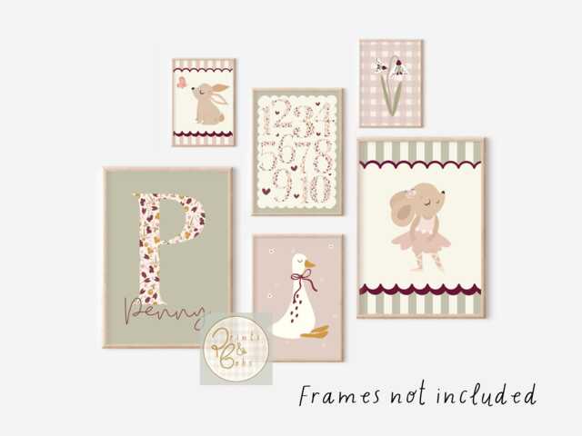 Set Of Girls Dusty Pink & Sage Green With A Pop Berry, Gallery Wall Prints For Room, Playroom Or Nursery - Unframed - image 1