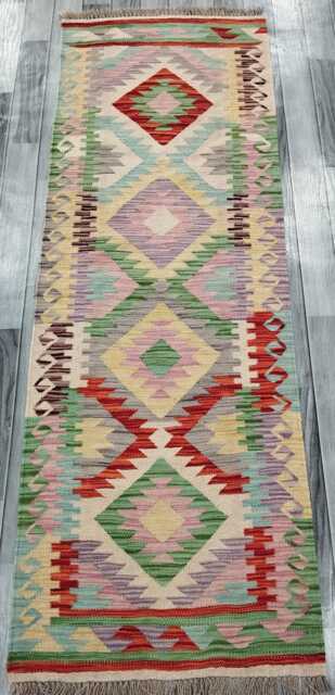 Multicolour Runner Rug, Handmade Artisan Afghan Turkish Scandinavian Navajo Bohemian Flatweave Wool Kilim 198x69 cm - image 1