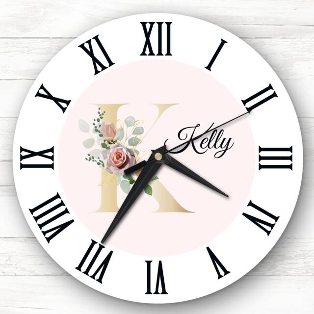 Floral Alphabet Name Initial Letter K Personalised Gift Clock - image 1