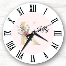 Floral Alphabet Name Initial Letter K Personalised Gift Clock - thumbnail 1