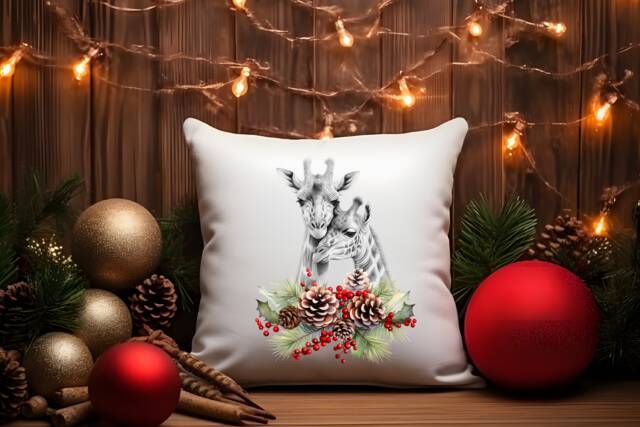 Giraffe Christmas Cushion Couple Mother & Child Holly Pillow Cover Decoration New Home Housewarming Gift Idea Feastive Season Holidays - image 1