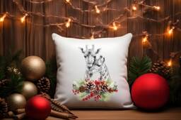 Giraffe Christmas Cushion Couple Mother & Child Holly Pillow Cover Decoration New Home Housewarming Gift Idea Feastive Season Holidays - thumbnail 1