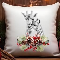 Giraffe Christmas Cushion Couple Mother & Child Holly Pillow Cover Decoration New Home Housewarming Gift Idea Feastive Season Holidays - thumbnail 2