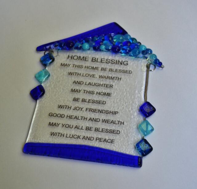 Blue Shades House Shape Glass Fused Wall Hanging, Housewarming Gift, Good Luck Plaque By Yafitglass - image 1