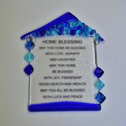 Blue Shades House Shape Glass Fused Wall Hanging, Housewarming Gift, Good Luck Plaque By Yafitglass - thumbnail 2