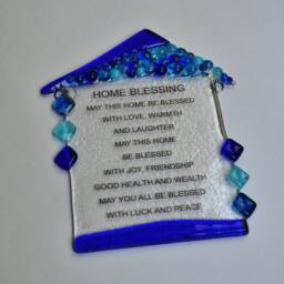Blue Shades House Shape Glass Fused Wall Hanging, Housewarming Gift, Good Luck Plaque By Yafitglass - thumbnail 3