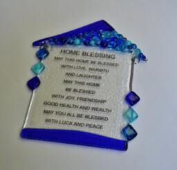 Blue Shades House Shape Glass Fused Wall Hanging, Housewarming Gift, Good Luck Plaque By Yafitglass - thumbnail 1