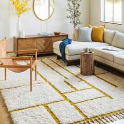 White Yellow Grid Moroccan Shag Rug, Hand Tufted Berber Large Area Rugs - thumbnail 2