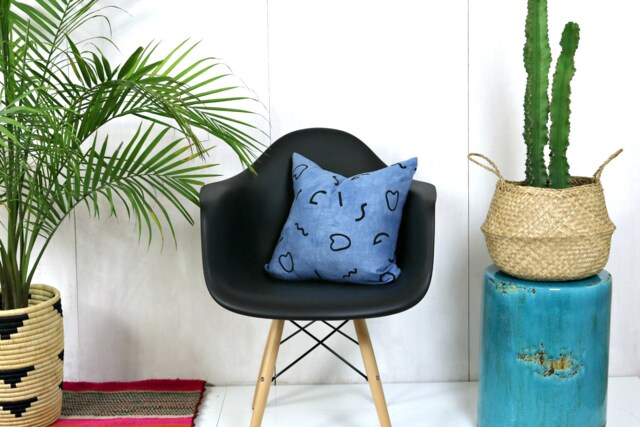 Indigo Linen Pillow Cover With Black Squiggle Print // Block Printed Wiggles Light Pale Blue Flax Decorative Throw Cushion Bedding Accent - image 1