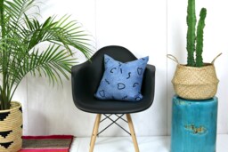 Indigo Linen Pillow Cover With Black Squiggle Print // Block Printed Wiggles Light Pale Blue Flax Decorative Throw Cushion Bedding Accent - thumbnail 1