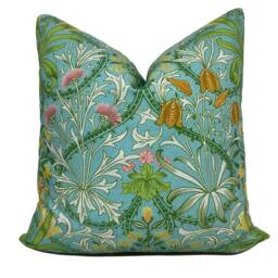 William Morris Fabric Woodland Weeds Orange/Turquoise Cushion Cover Pillow Double Sided - thumbnail 2