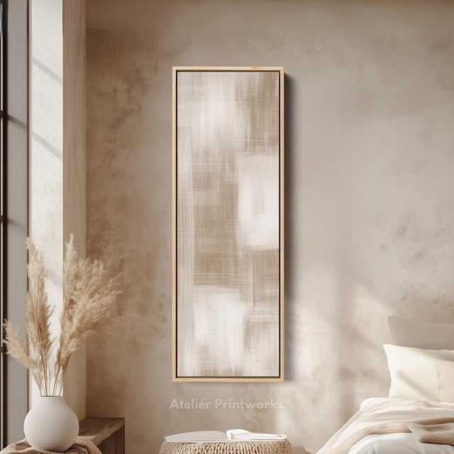 Beige Abstract Lines Vertical Canvas Wall Art - Cream Sand Skinny Print Perfect For Hallway, Office, Living Room Or Bedroom Interiors - image 1