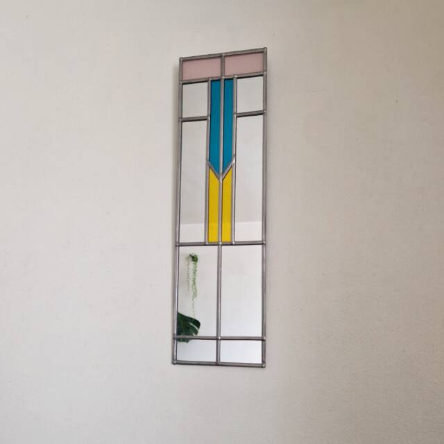 Art Deco Mirror Handcrafted By Catfish Glass 11x40cm. Frosted Pink, Teal & Golden Yellow. Silver Lead - image 1