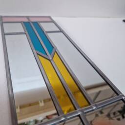 Art Deco Mirror Handcrafted By Catfish Glass 11x40cm. Frosted Pink, Teal & Golden Yellow. Silver Lead - thumbnail 2