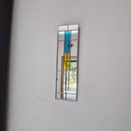 Art Deco Mirror Handcrafted By Catfish Glass 11x40cm. Frosted Pink, Teal & Golden Yellow. Silver Lead - thumbnail 3
