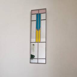 Art Deco Mirror Handcrafted By Catfish Glass 11x40cm. Frosted Pink, Teal & Golden Yellow. Silver Lead - thumbnail 1