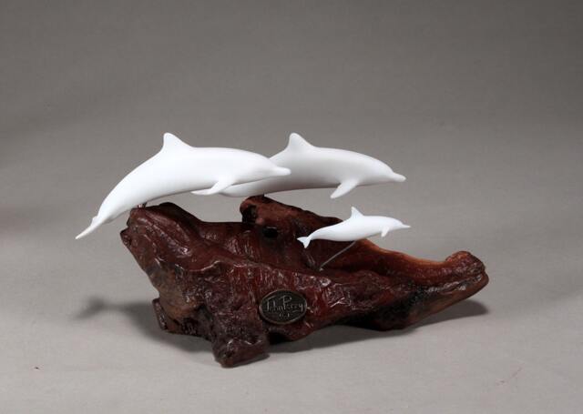 Dolphin Family Sculpture By John Perry 6In Long Pellucida On Polished Burlwood Base. Signed - image 1