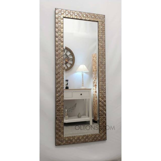 Full Length Wall Mirror Wood Square Mosaic Design Frame Champagne Antique Silver Colour Bevelled Edge 132x46cm - 52x18 Inches - image 1