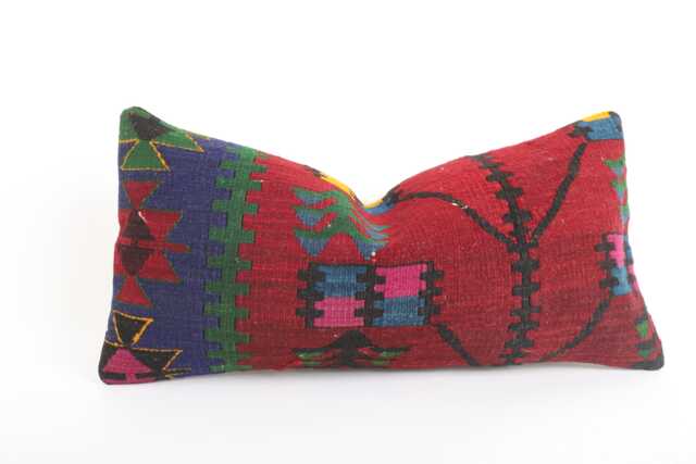 Vintage Kilim Lumbar Pillow Cover Handwoven Turkish Wool, 12x24 Boho Cushion - image 1