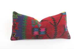 Vintage Kilim Lumbar Pillow Cover Handwoven Turkish Wool, 12x24 Boho Cushion - thumbnail 1