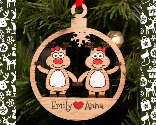 Couples Lgbt Christmas Decoration, Same Sex Bauble, Lesbian Engraved Xmas Ornament, Reindeer Family, Tree Gay Couple - image 1