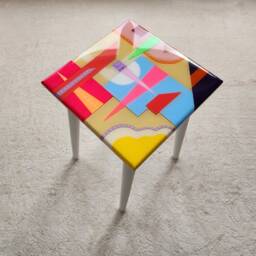 Funky Boho Resin Coffee Table Colorful Abstract Art, Wood Legs - thumbnail 2