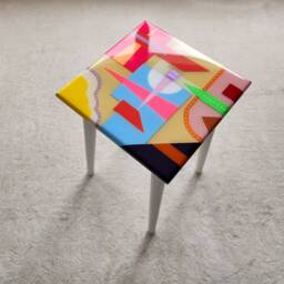 Funky Boho Resin Coffee Table Colorful Abstract Art, Wood Legs - thumbnail 4