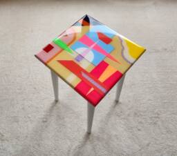Funky Boho Resin Coffee Table Colorful Abstract Art, Wood Legs