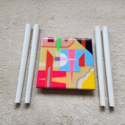 Funky Boho Resin Coffee Table Colorful Abstract Art, Wood Legs - thumbnail 3