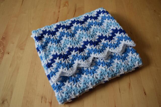 Crocheted Ripple Baby Blanket Blue & White Acrylic, Vintage Style - image 1