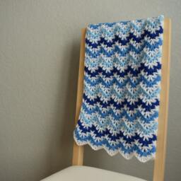Crocheted Ripple Baby Blanket Blue & White Acrylic, Vintage Style - thumbnail 2