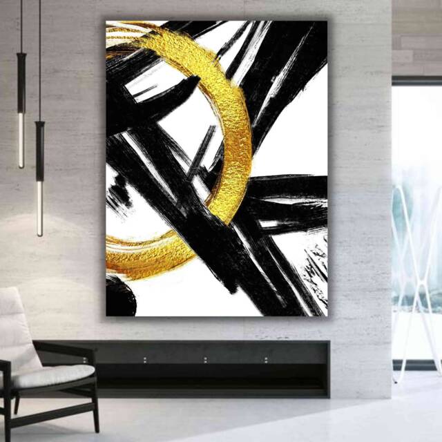 Modern Abstract Canvas Art, Gold Black Brushstrokes, Textured Wall Decor - image 1
