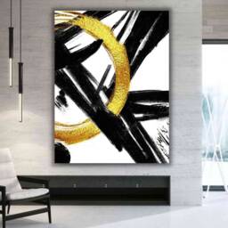 Modern Abstract Canvas Art, Gold Black Brushstrokes, Textured Wall Decor - thumbnail 1