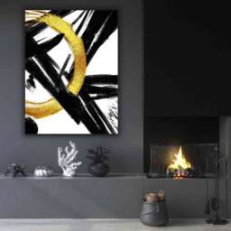Modern Abstract Canvas Art, Gold Black Brushstrokes, Textured Wall Decor - thumbnail 3
