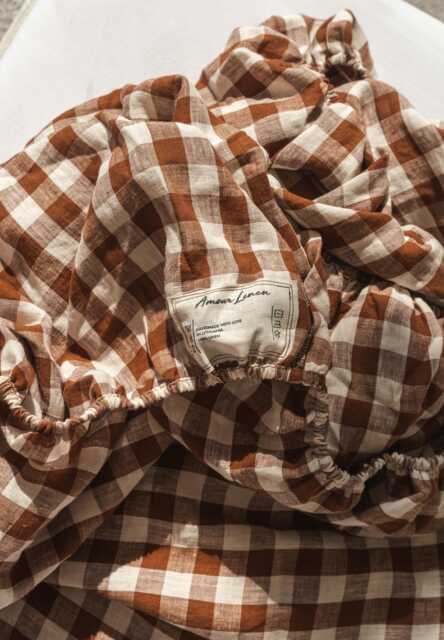 Brown Gingham Linen Fitted Sheet. Queen Checkered Sheet - image 1