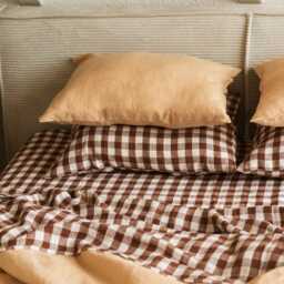 Brown Gingham Linen Fitted Sheet. Queen Checkered Sheet - thumbnail 3