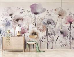 3D Purple Poppy Floral Wall Mural, Watercolor Peel & Stick Wallpaper