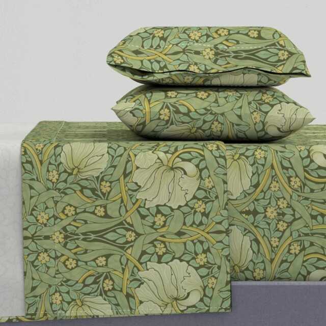 Green Vines Sheets - Pimpernel Garden By Peacoquettedesigns Flower Damask Victorian Floral Cotton Sateen Sheet Set Bedding Spoonflower - image 1