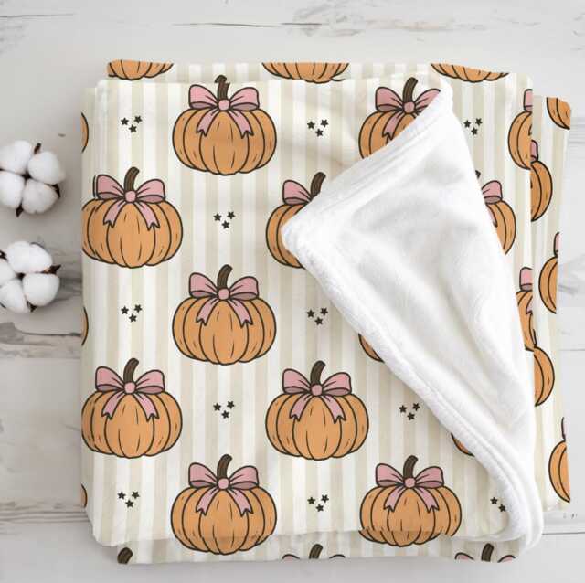 Pumpkins - Stripes Beige, Sherpa Fleece Blanket, Decor, Kids Bedding, Blankets, Children's, Halloween, Pumpkins, Blanket - image 1
