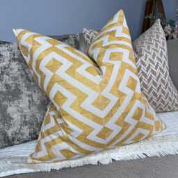 Graphic Cushion Cover, Geometric Pillow Sham John Lewis Meeko Furnishing Fabric, Saffron Handmade in UK - thumbnail 1