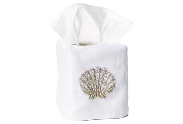 Hand Embroidered Shell Tissue Box Cover - Platinum/Gold - image 1