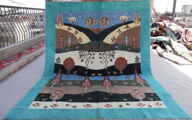 5x7 Tribal Gabbeh Rug Afghan Nomadic Rug, Trees Birds Pictorial Handmade Wool Veg Dyes Turquoise Blue Brown Beige, Living Room - image 1