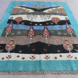 5x7 Tribal Gabbeh Rug Afghan Nomadic Rug, Trees Birds Pictorial Handmade Wool Veg Dyes Turquoise Blue Brown Beige, Living Room - thumbnail 3